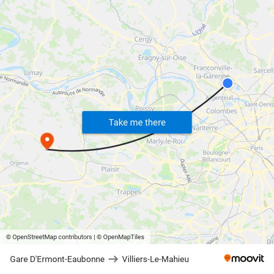 Gare D'Ermont-Eaubonne to Villiers-Le-Mahieu map