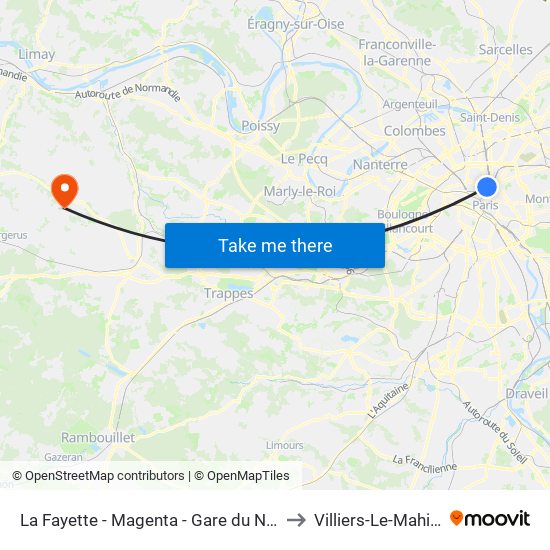 La Fayette - Magenta - Gare du Nord to Villiers-Le-Mahieu map
