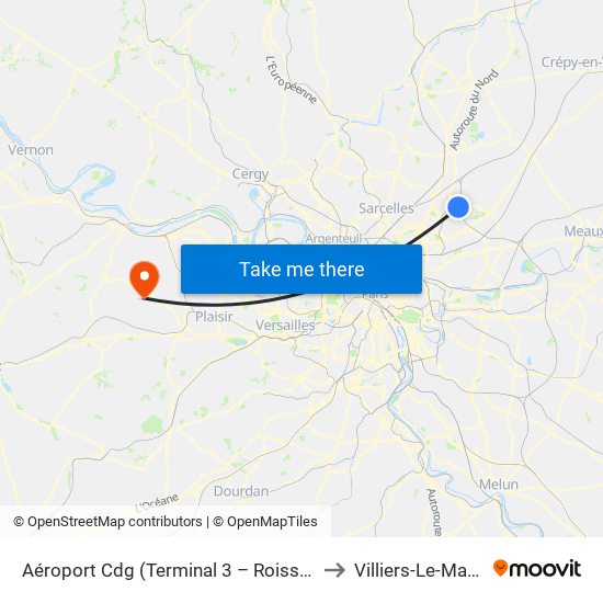 Aéroport Cdg (Terminal 3 – Roissypôle) to Villiers-Le-Mahieu map