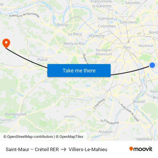 Saint-Maur – Créteil RER to Villiers-Le-Mahieu map