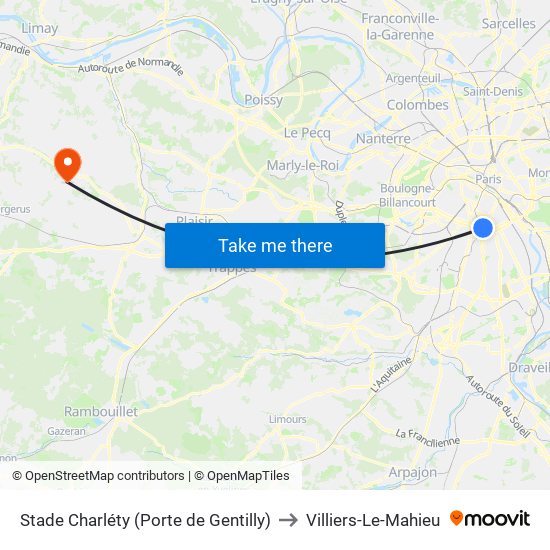 Stade Charléty (Porte de Gentilly) to Villiers-Le-Mahieu map