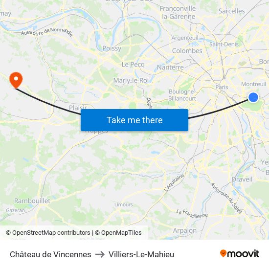 Château de Vincennes to Villiers-Le-Mahieu map