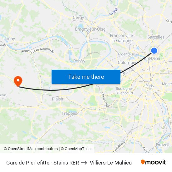 Gare de Pierrefitte - Stains RER to Villiers-Le-Mahieu map