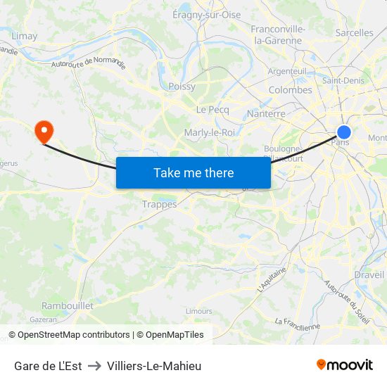 Gare de L'Est to Villiers-Le-Mahieu map