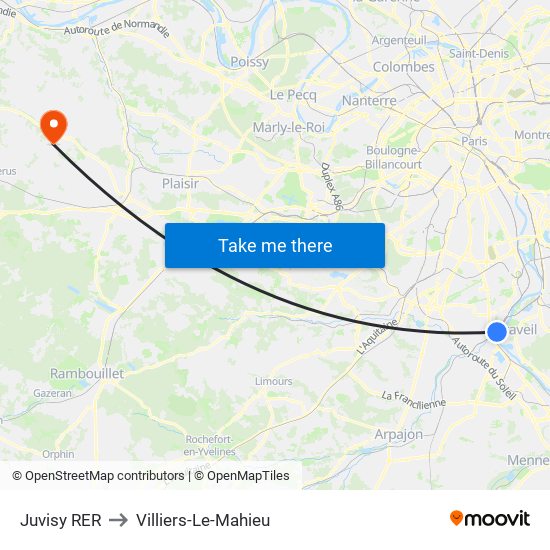 Juvisy RER to Villiers-Le-Mahieu map