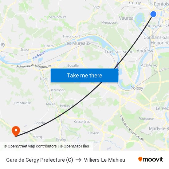 Gare de Cergy Préfecture (C) to Villiers-Le-Mahieu map