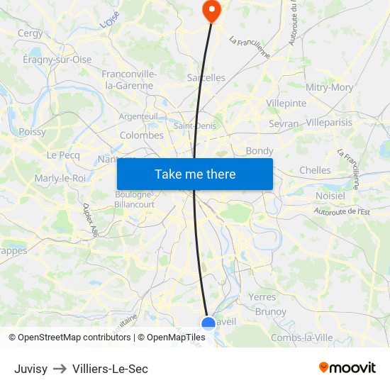 Juvisy to Villiers-Le-Sec map