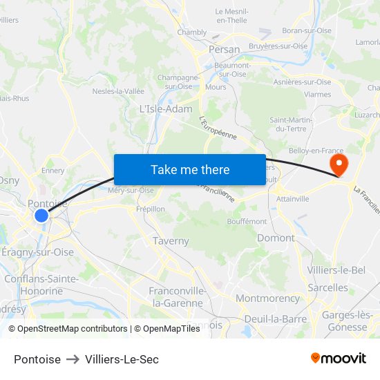 Pontoise to Villiers-Le-Sec map
