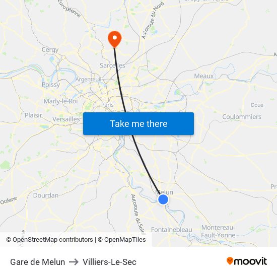 Gare de Melun to Villiers-Le-Sec map