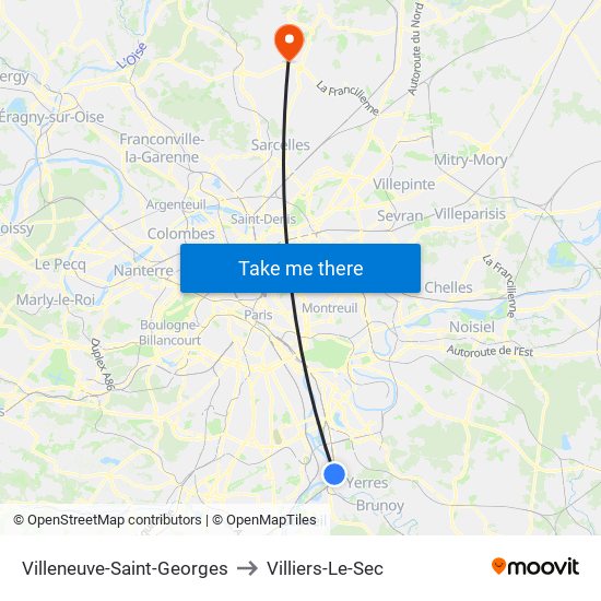 Villeneuve-Saint-Georges to Villiers-Le-Sec map