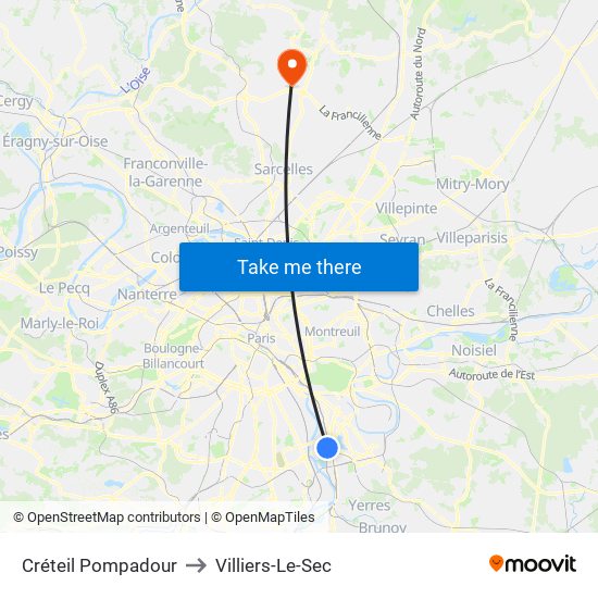 Créteil Pompadour to Villiers-Le-Sec map