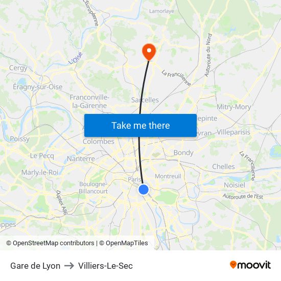 Gare de Lyon to Villiers-Le-Sec map