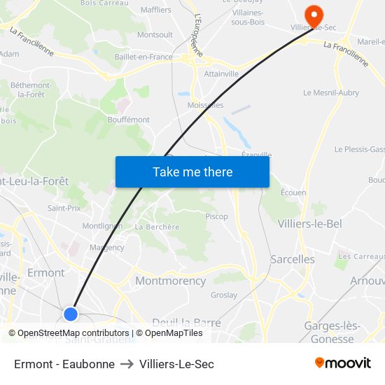 Ermont - Eaubonne to Villiers-Le-Sec map