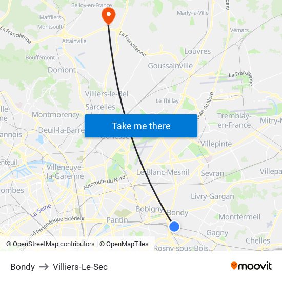 Bondy to Villiers-Le-Sec map