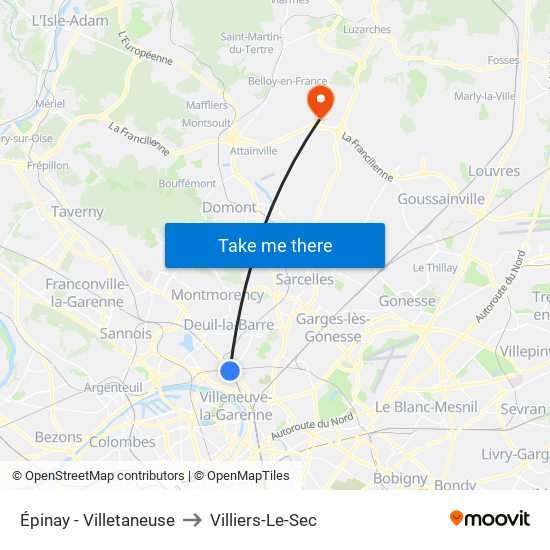 Épinay - Villetaneuse to Villiers-Le-Sec map
