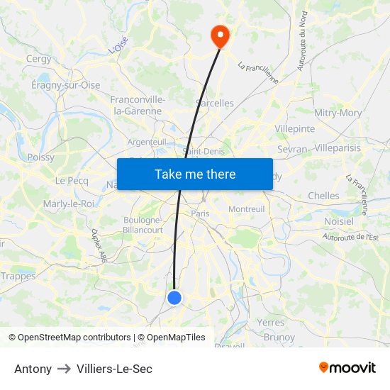 Antony to Villiers-Le-Sec map