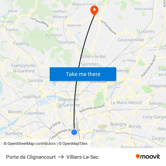 Porte de Clignancourt to Villiers-Le-Sec map