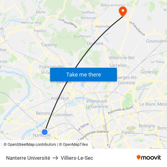 Nanterre Université to Villiers-Le-Sec map