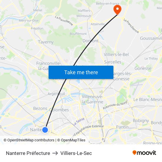 Nanterre Préfecture to Villiers-Le-Sec map