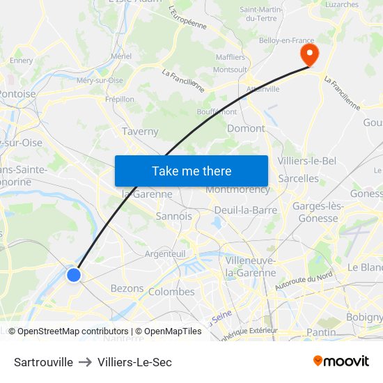 Sartrouville to Villiers-Le-Sec map