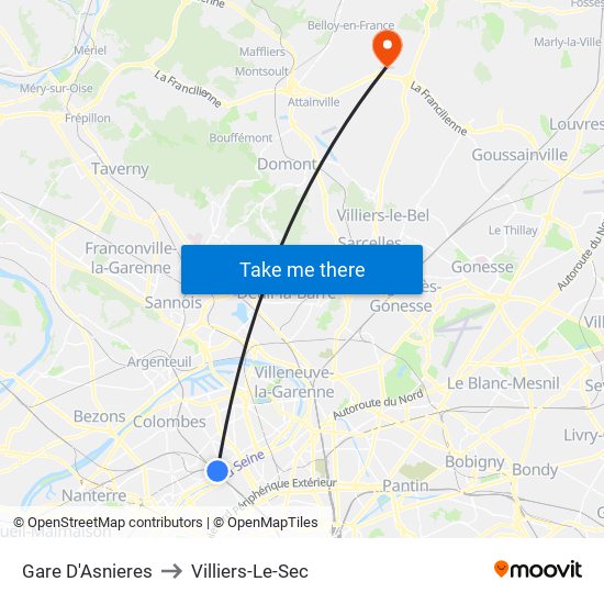 Gare D'Asnieres to Villiers-Le-Sec map