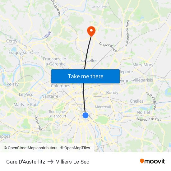 Gare D'Austerlitz to Villiers-Le-Sec map