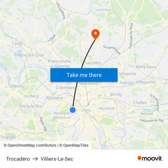 Trocadéro to Villiers-Le-Sec map