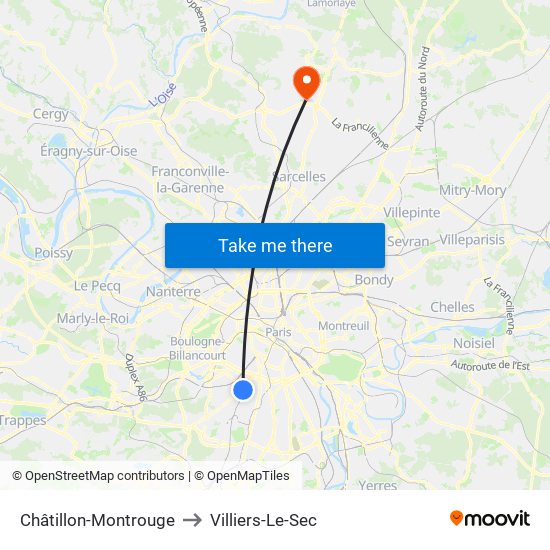 Châtillon-Montrouge to Villiers-Le-Sec map