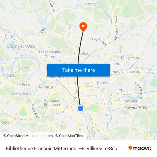 Bibliothèque François Mitterrand to Villiers-Le-Sec map
