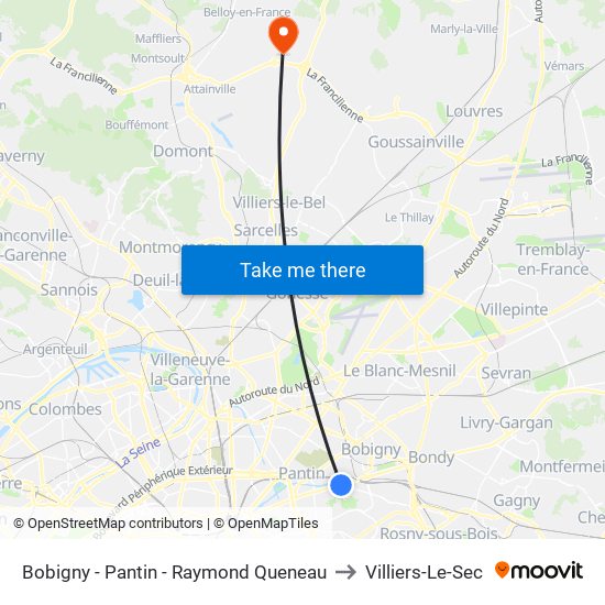 Bobigny - Pantin - Raymond Queneau to Villiers-Le-Sec map