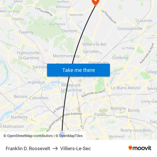 Franklin D. Roosevelt to Villiers-Le-Sec map