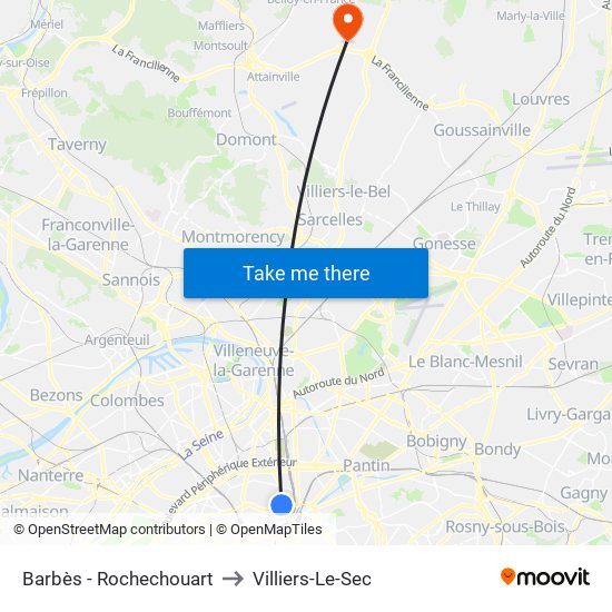 Barbès - Rochechouart to Villiers-Le-Sec map