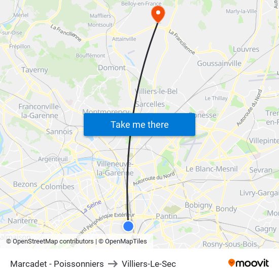 Marcadet - Poissonniers to Villiers-Le-Sec map