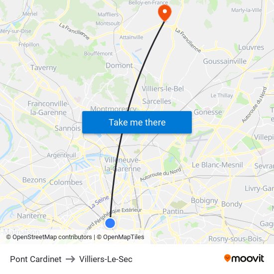 Pont Cardinet to Villiers-Le-Sec map