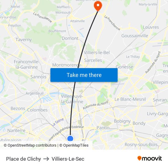 Place de Clichy to Villiers-Le-Sec map