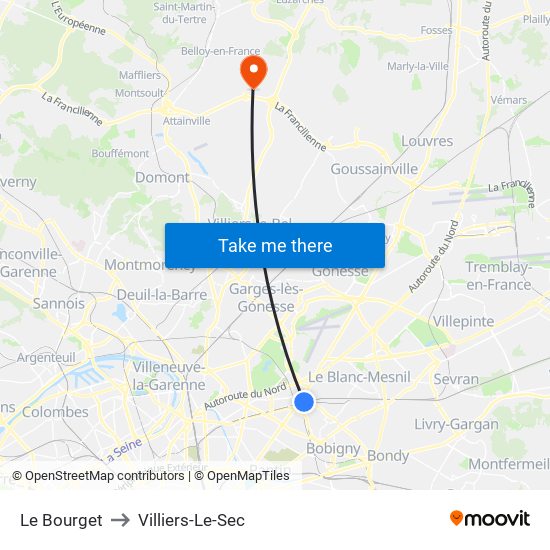 Le Bourget to Villiers-Le-Sec map