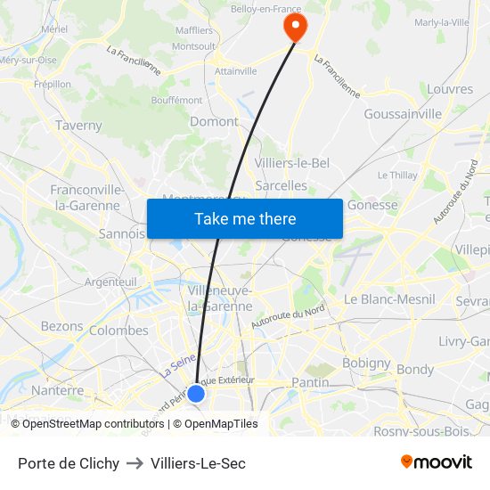 Porte de Clichy to Villiers-Le-Sec map