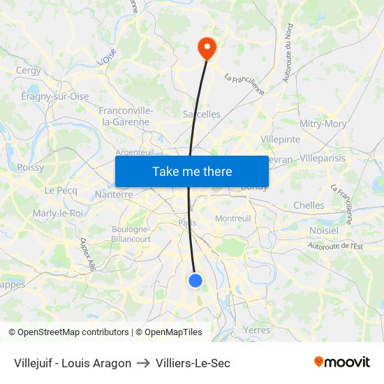 Villejuif - Louis Aragon to Villiers-Le-Sec map