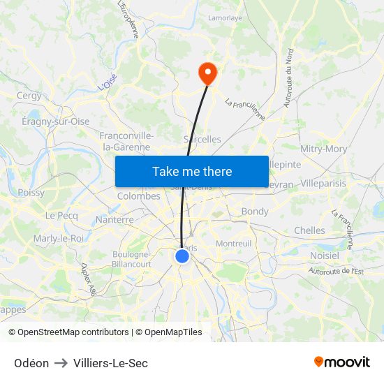 Odéon to Villiers-Le-Sec map