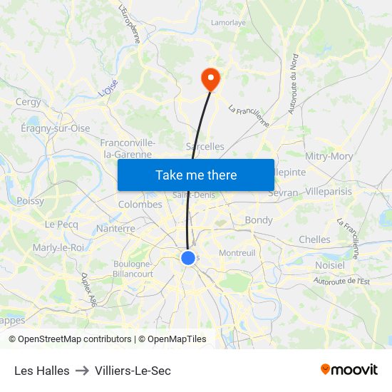 Les Halles to Villiers-Le-Sec map