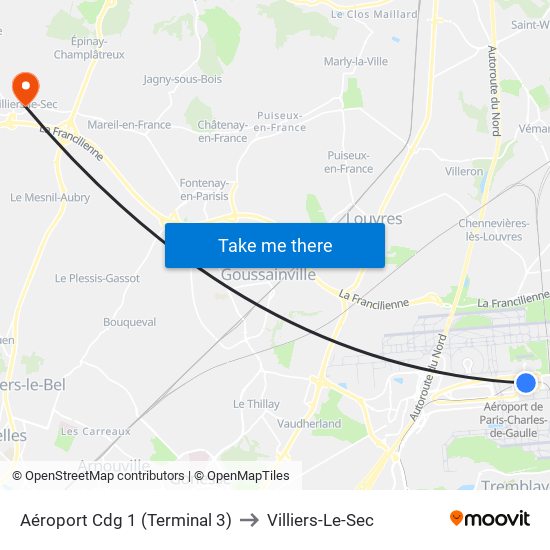 Aéroport Cdg 1 (Terminal 3) to Villiers-Le-Sec map
