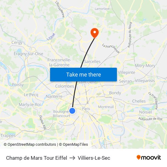 Champ de Mars Tour Eiffel to Villiers-Le-Sec map