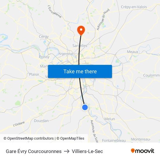 Gare Évry Courcouronnes to Villiers-Le-Sec map