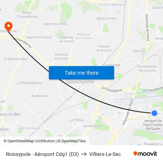 Roissypole - Aéroport Cdg1 (D3) to Villiers-Le-Sec map