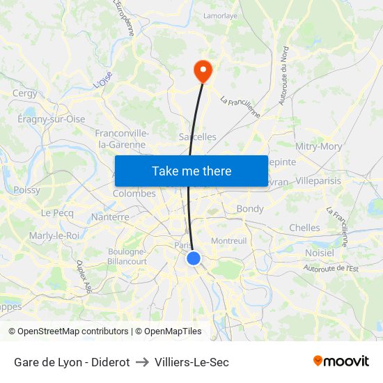 Gare de Lyon - Diderot to Villiers-Le-Sec map
