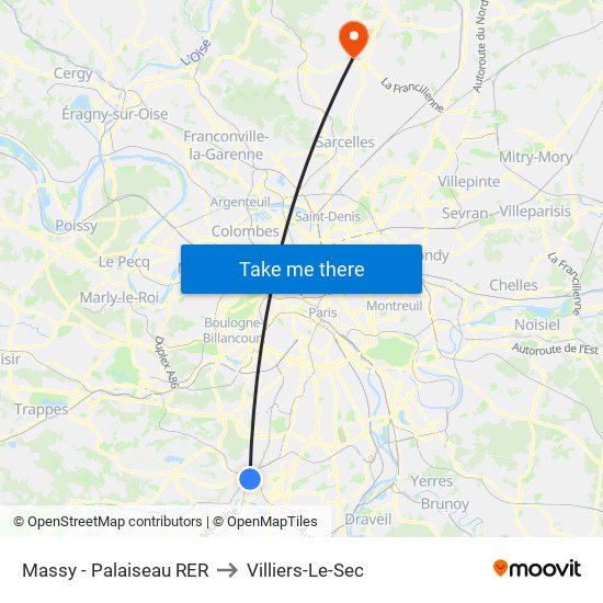 Massy - Palaiseau RER to Villiers-Le-Sec map