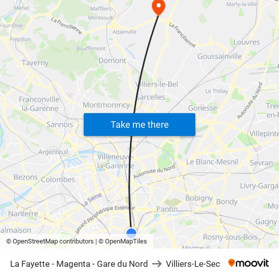 La Fayette - Magenta - Gare du Nord to Villiers-Le-Sec map
