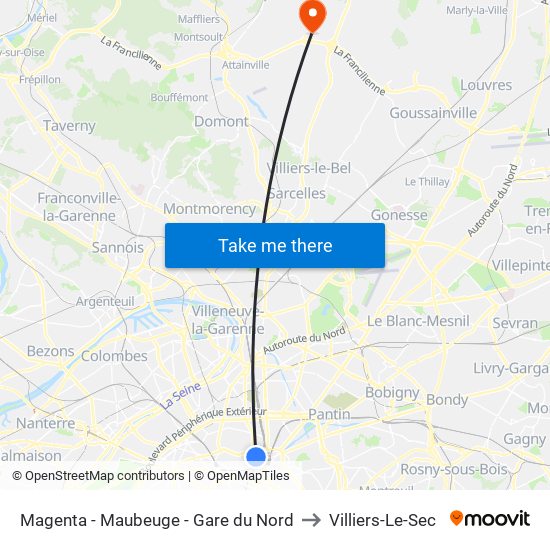 Magenta - Maubeuge - Gare du Nord to Villiers-Le-Sec map