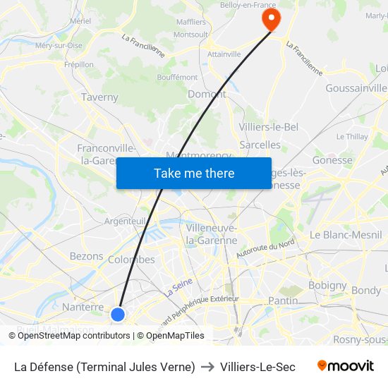 La Défense (Terminal Jules Verne) to Villiers-Le-Sec map