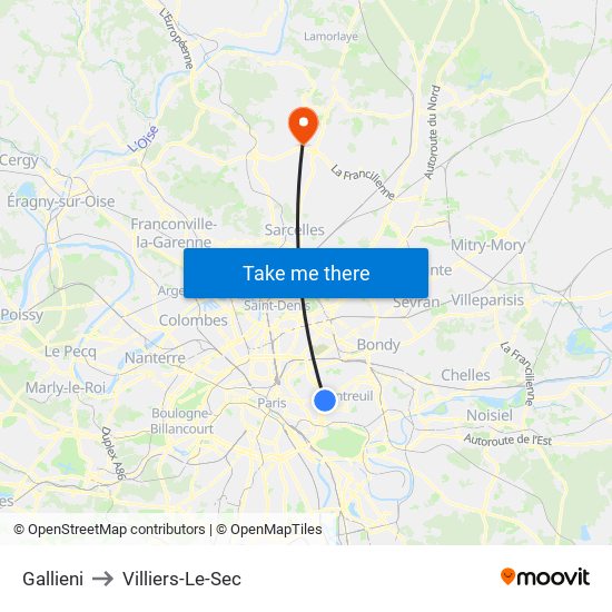 Gallieni to Villiers-Le-Sec map
